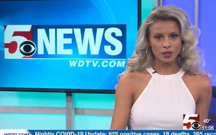 Kaley Fedko in a white dress caught on camera during a live telecast.