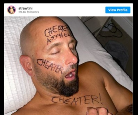 posted a photo where the word “Cheater” and “Asshole” was written on Karl’s face and chest area.